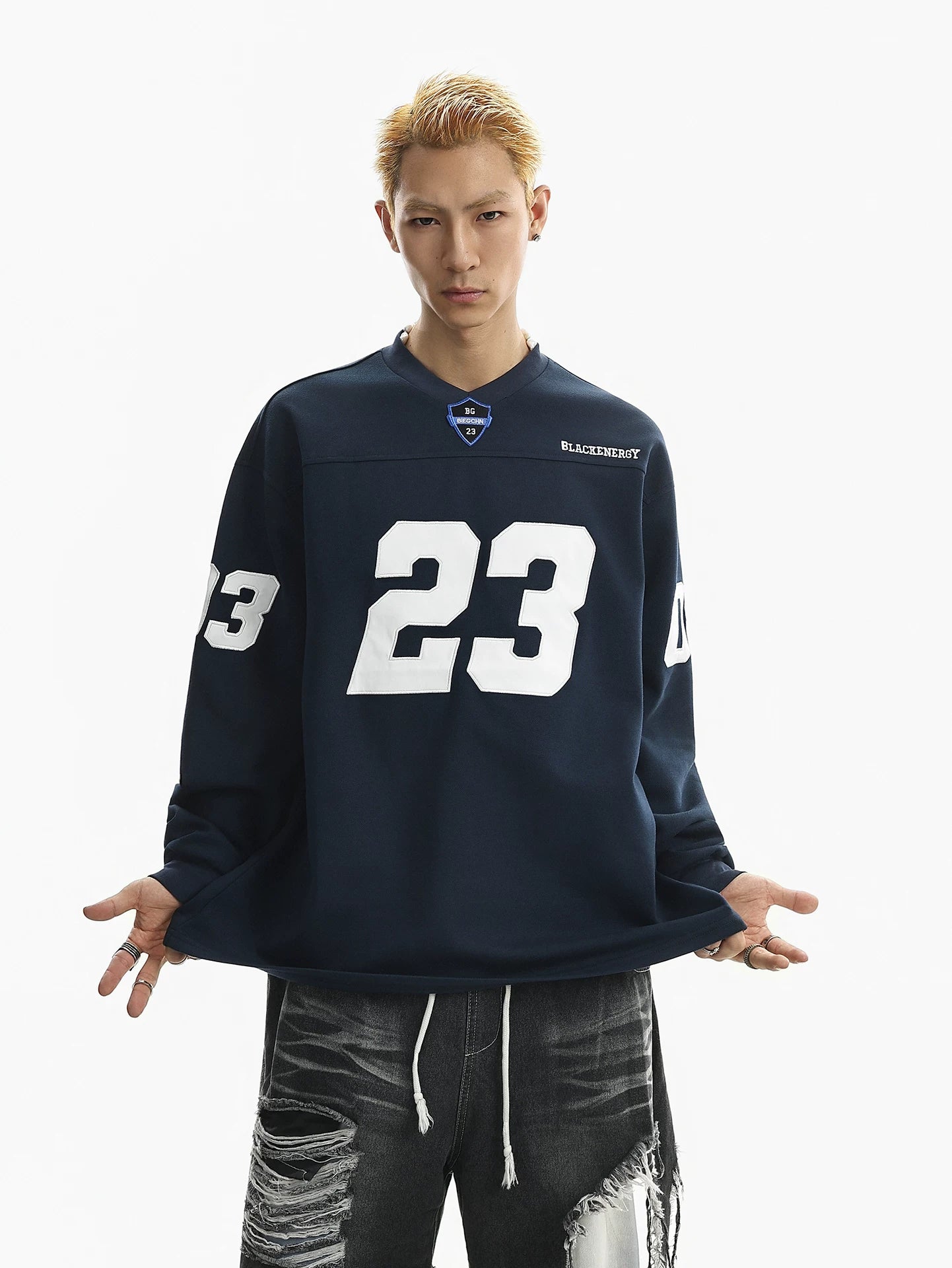 American streetwear digital embroidery v-neck long sleeve t-shirt - men's spring cool & edgy high street sporty oversized top sinclub9615