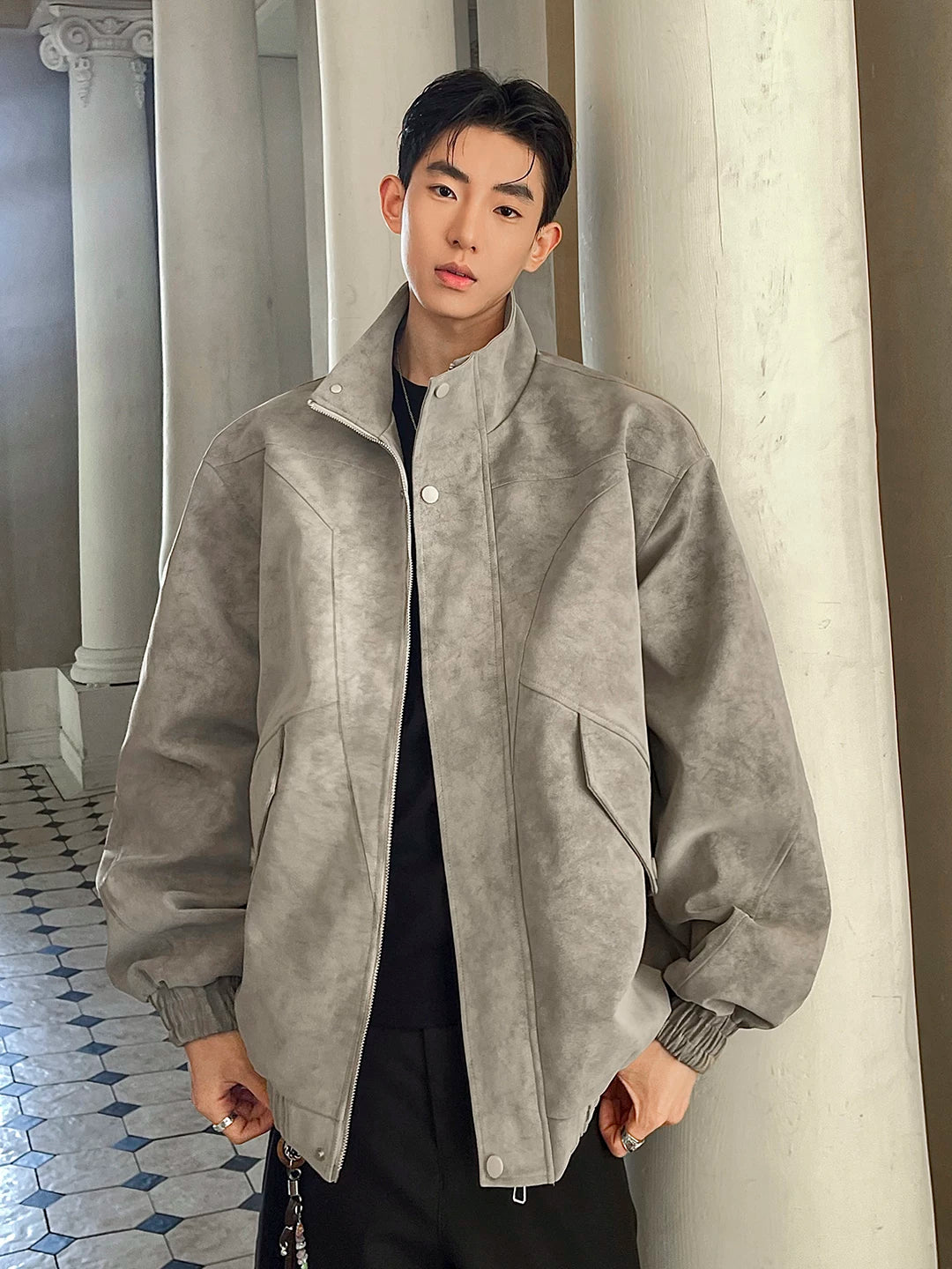 Spring stand collar pu leather jacket tie-dye outerwear men's plus size trendy loose streetwear top