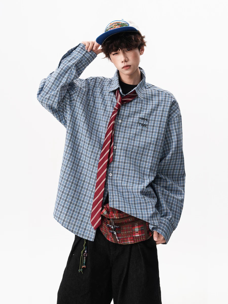 Blue plaid embroidered lapel shirt SIN026