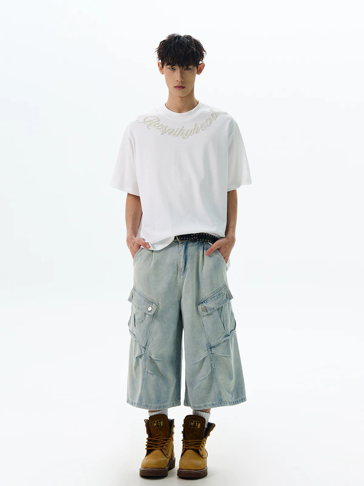 American retro letter pearl short sleeve t-shirt SIN045