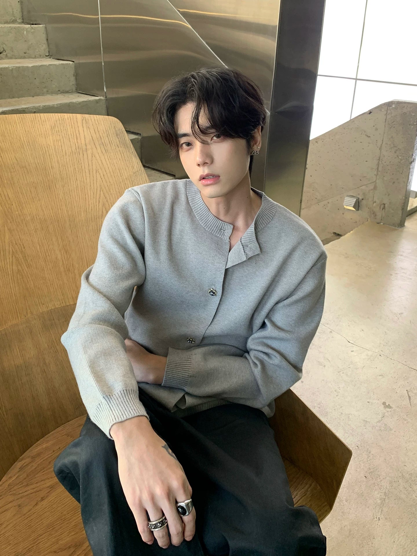 Gray miu miu style men's sweater cardigan - american trendy, high-end blend knit men SIN063