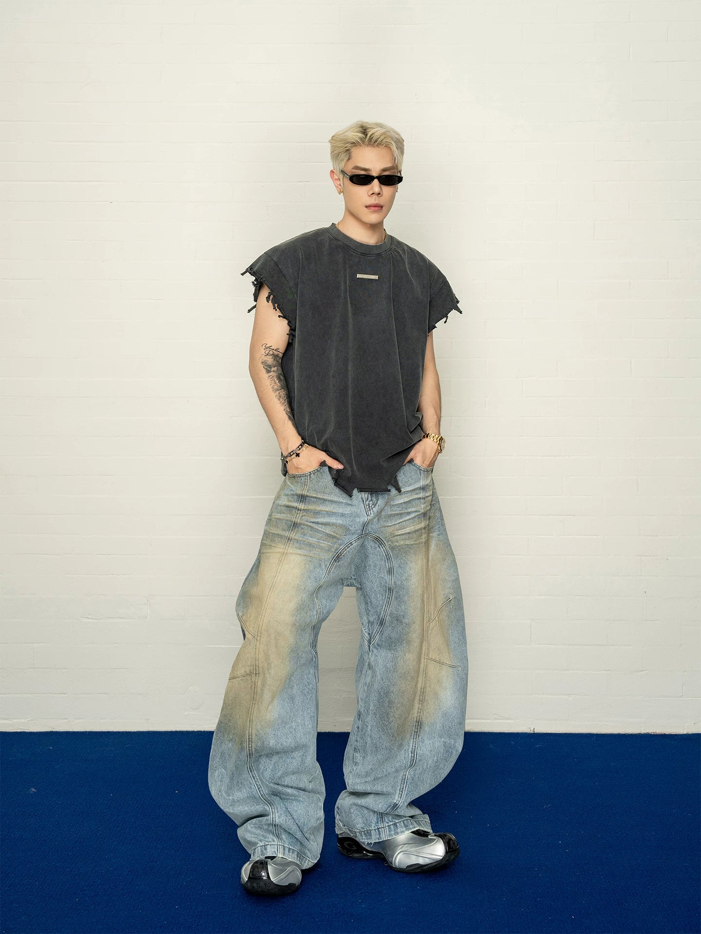 Raw edge handmade holes washed distressed dropped shoulders pure cotton vest summerloose sleeveless t-shirt for men sinclub6958