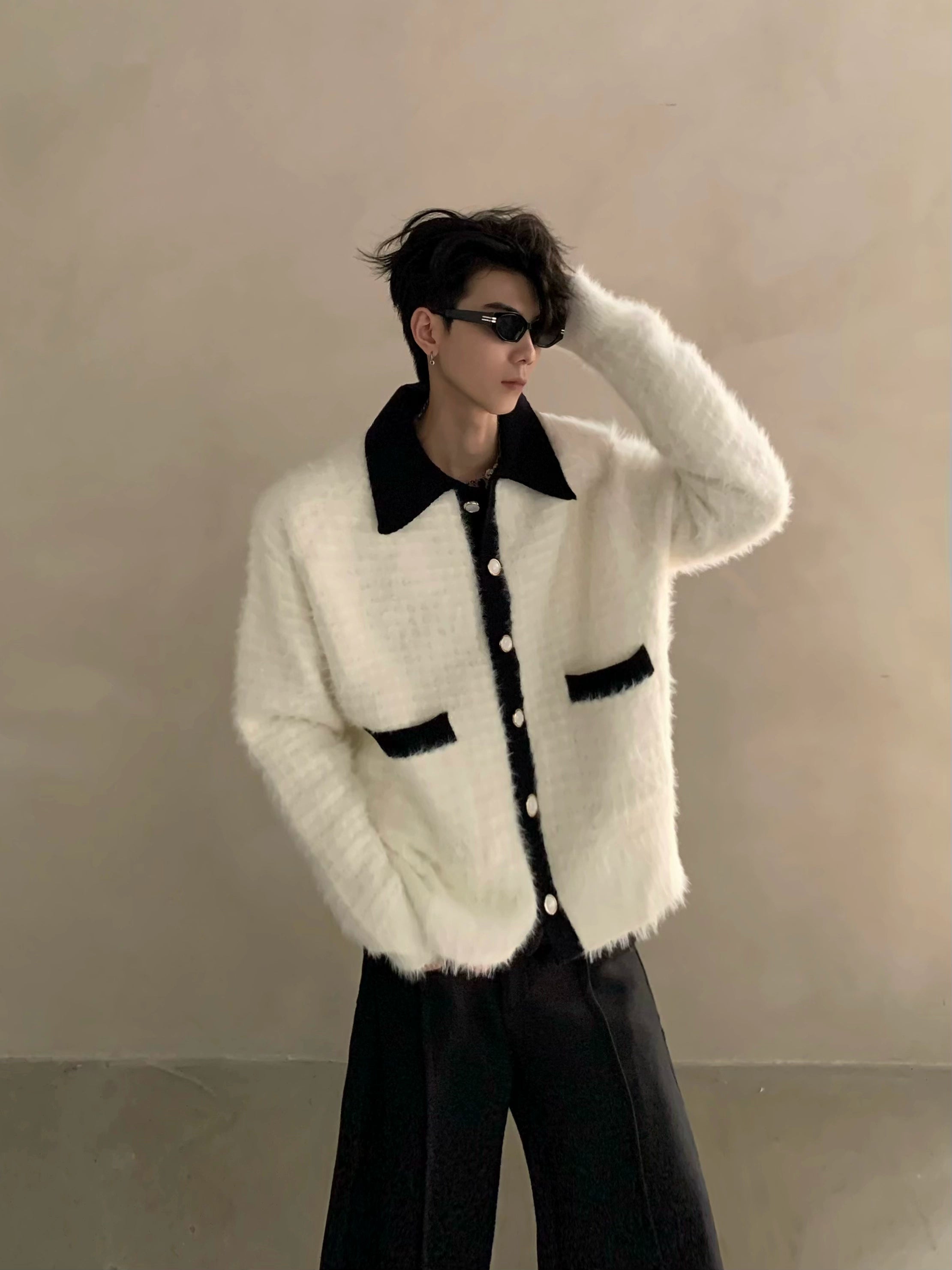 Winter extravagant atmosphere small fragrant lapel knitted cardigan men's heavy button sweater jacket