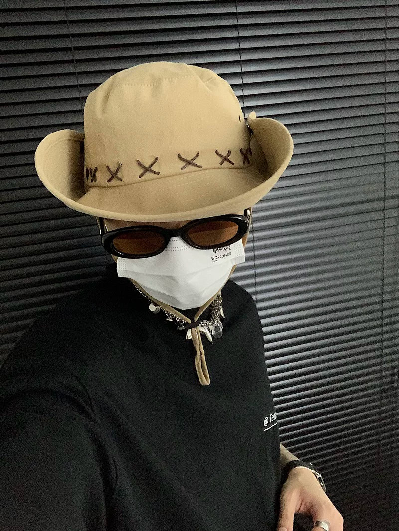 Western cowboy hat spring summer sun protection visor american retro outdoor camping wide brim fisherman hat hiking hat trendy