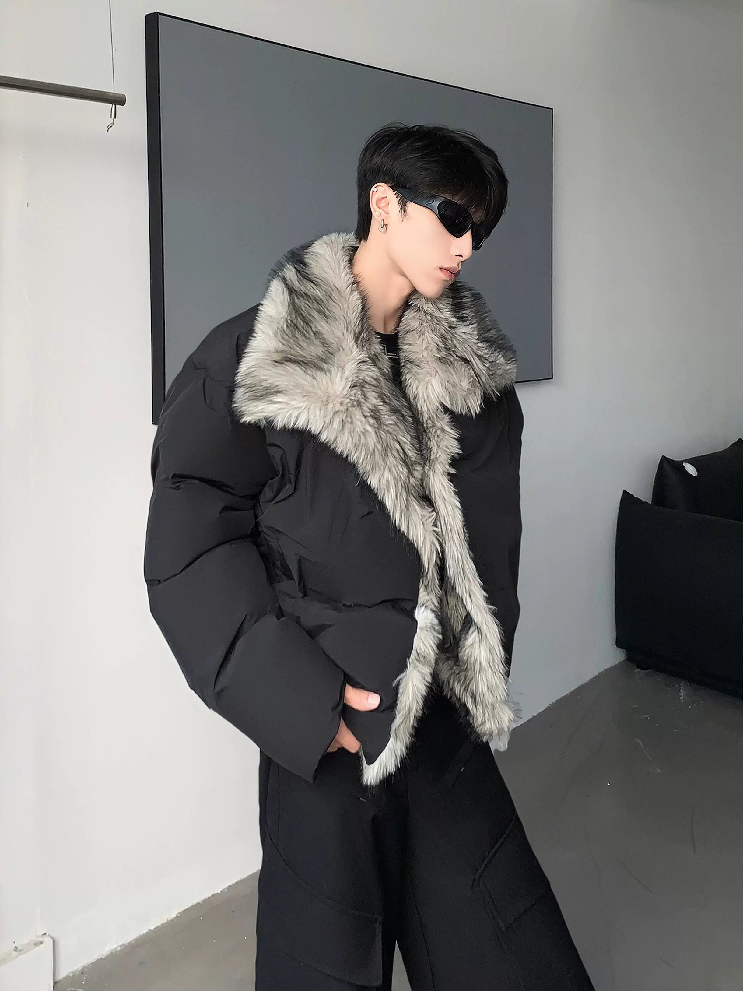 Extravagant feeling big fur collar imitation mink seat mountain carving jacket men's winter thickened cleanfit cotton clothes tide