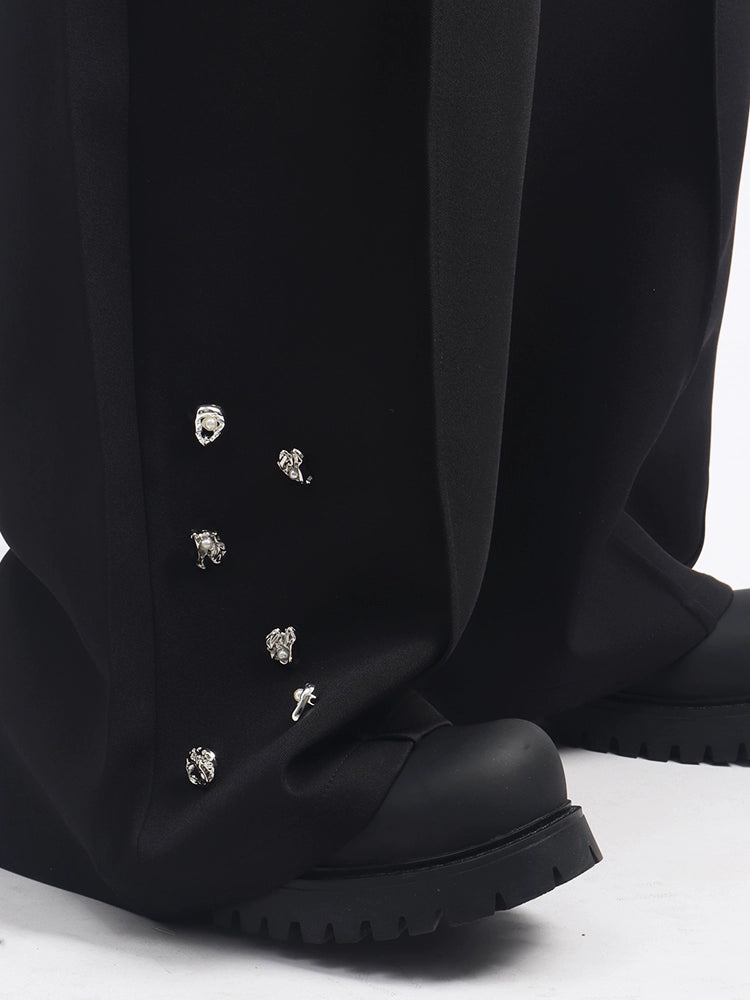 Metal design black wide-leg pants men's niche trend splicing loose and versatile casual trousers