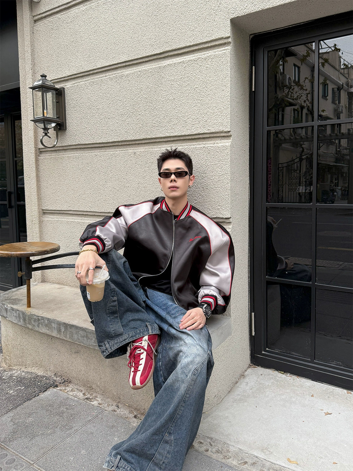 Original design contrasting color imitation leather crack baseball jacket American men's street short casual jacket