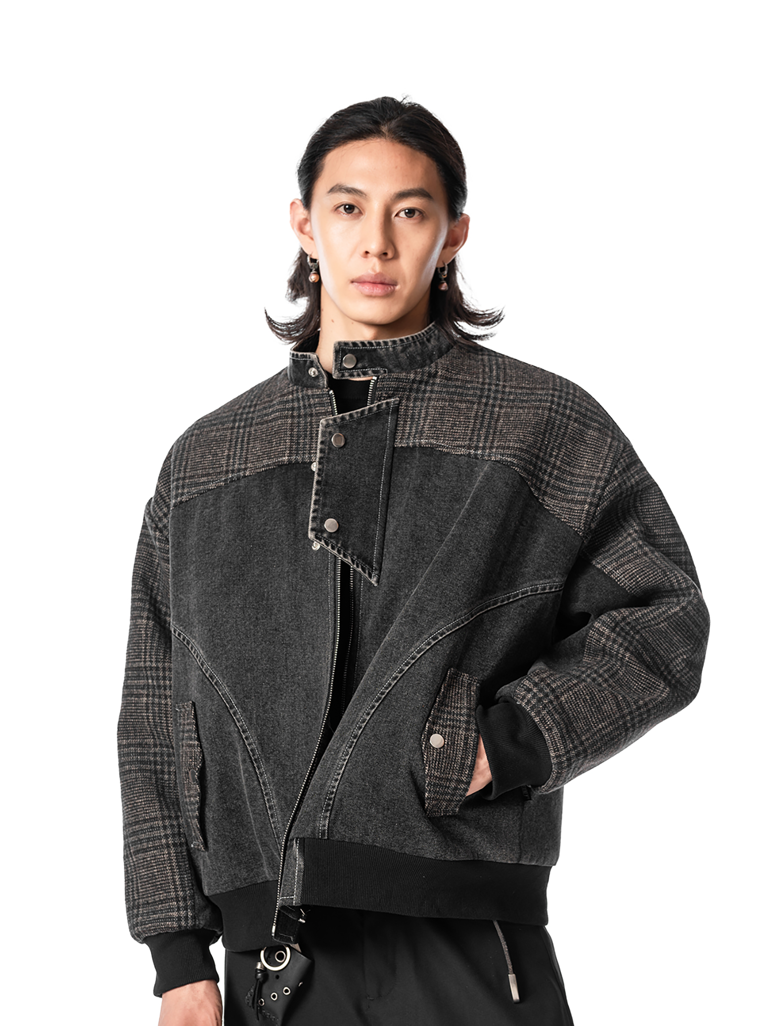 Heavy weightretro stand collar harrington washed distressed quilted denim outwear SIN0827