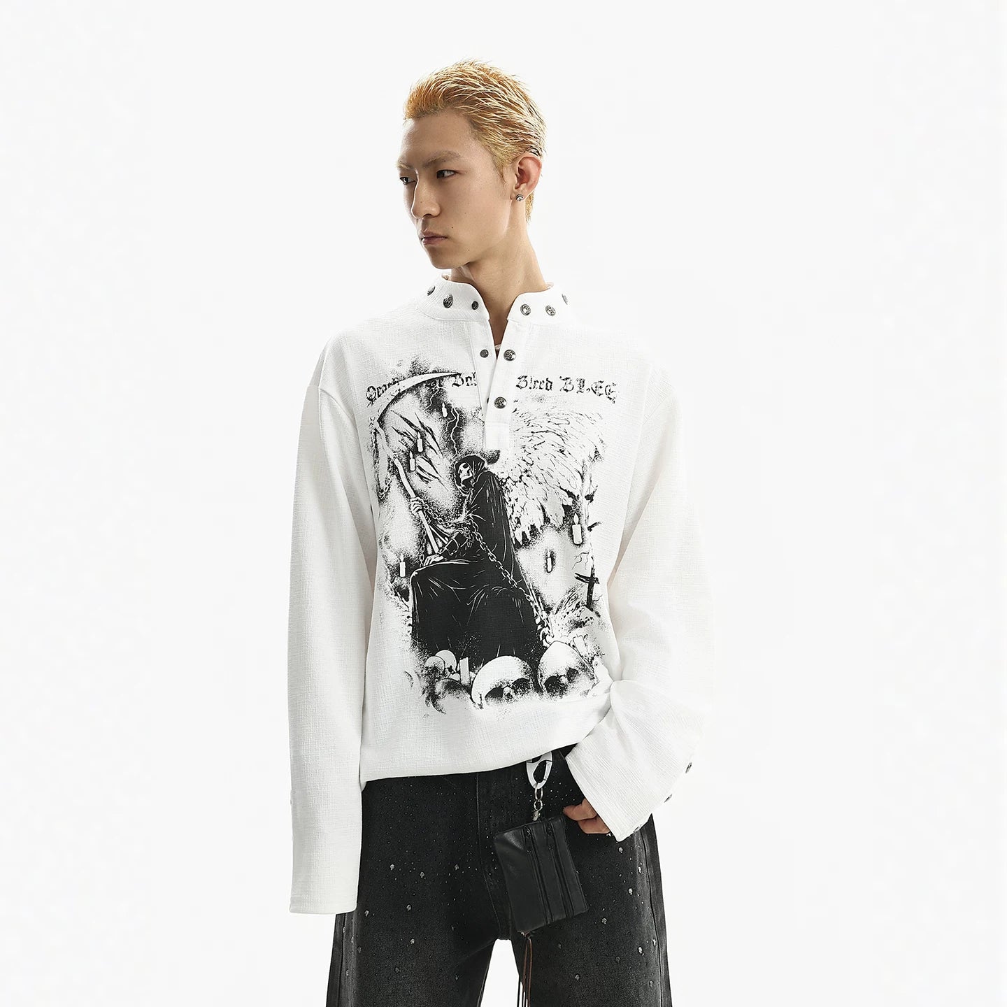 American punk style printing button stand collar long sleeves t-shirt men's spring handsome trendy brand loosetops sinclub9654