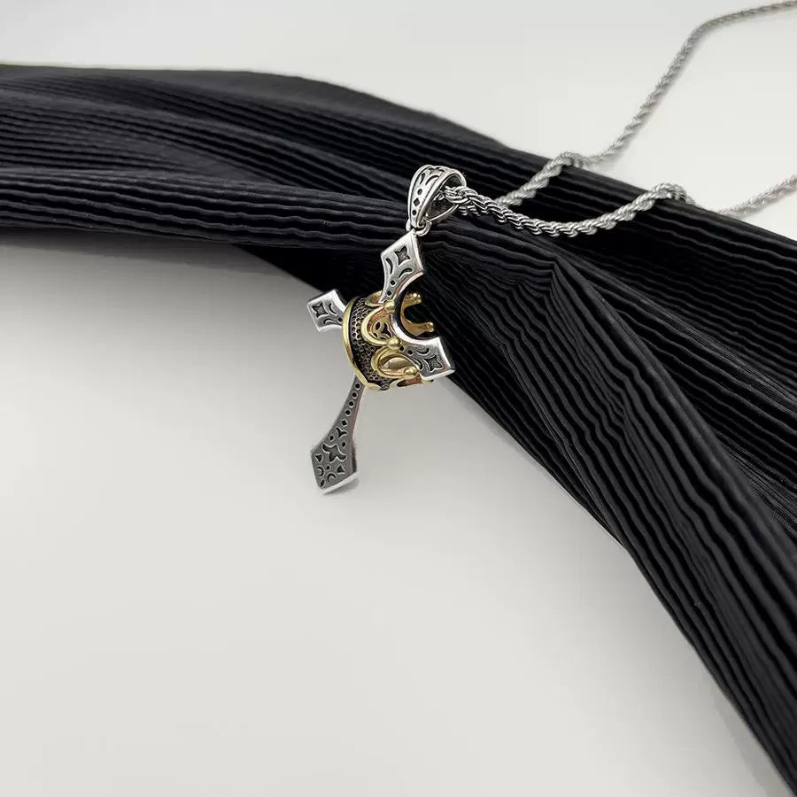 Crown cross necklace - men's trendy, unique, vintage-inspired pendant