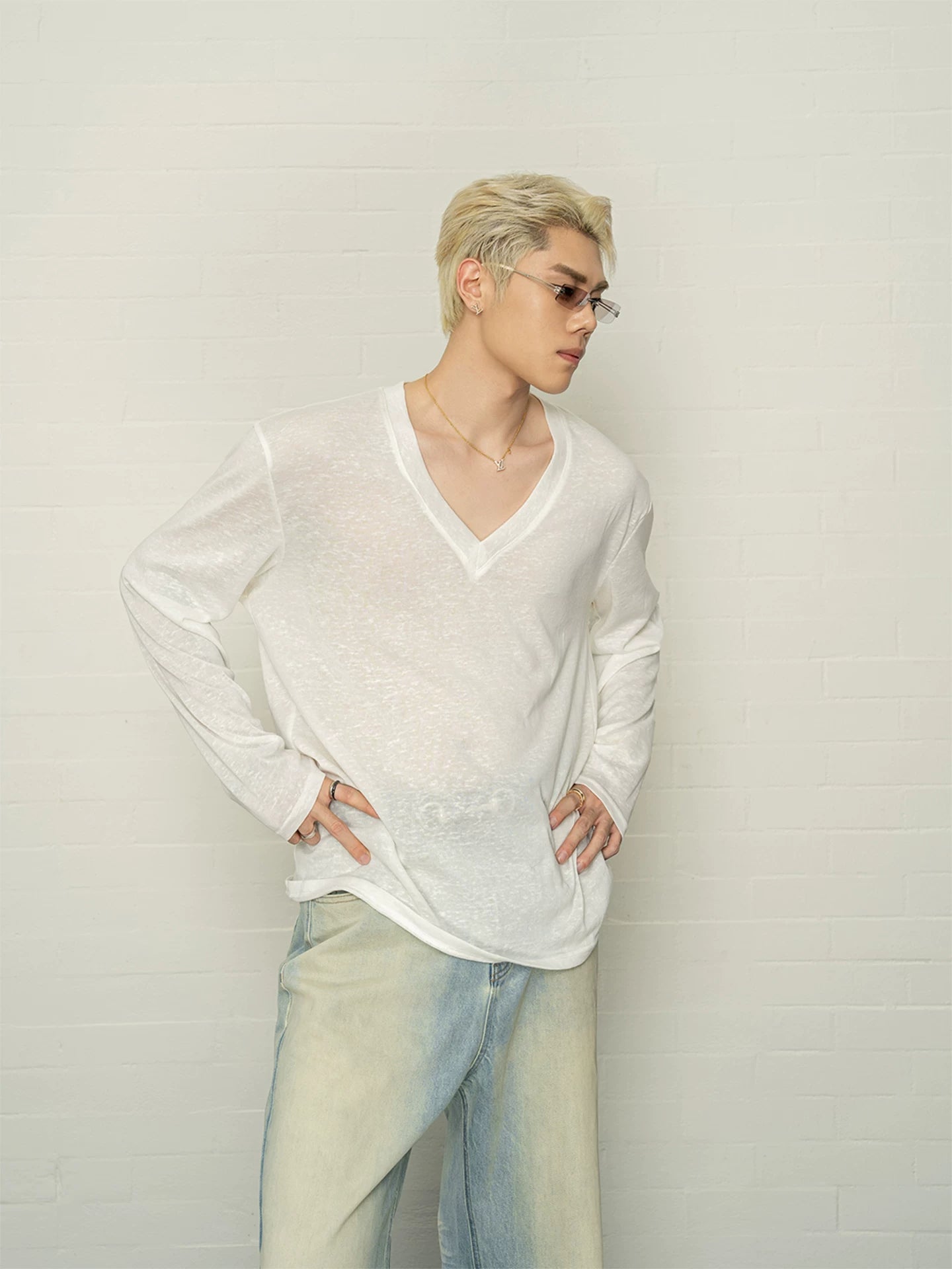 Hemp-like comfortable deep v necklong sleevest-shirtlooseplaid breathable pure coloreasiest for match inner weartopsmen sinclub5202