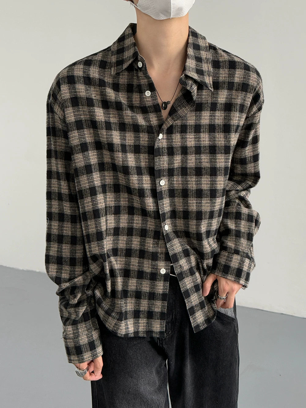 Classy retro black and gray plaid long sleevesshirt SIN0838