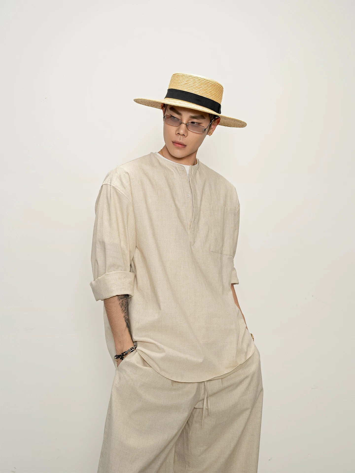 Linen-textured breathable cotton-linen long-sleeve henley shirt and loose-fitting wide-leg pants casual set