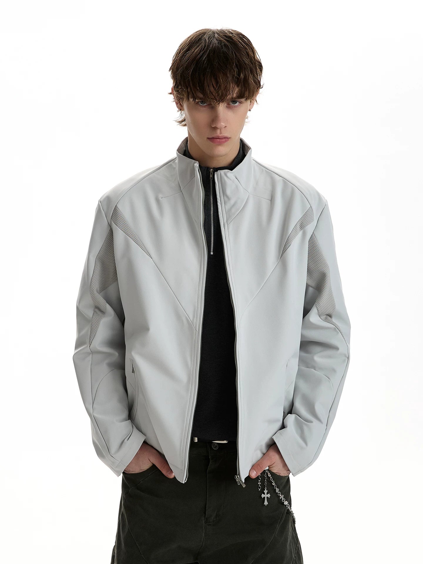 Mesh breathable stand collar jacket boxy fit outwear SIN058