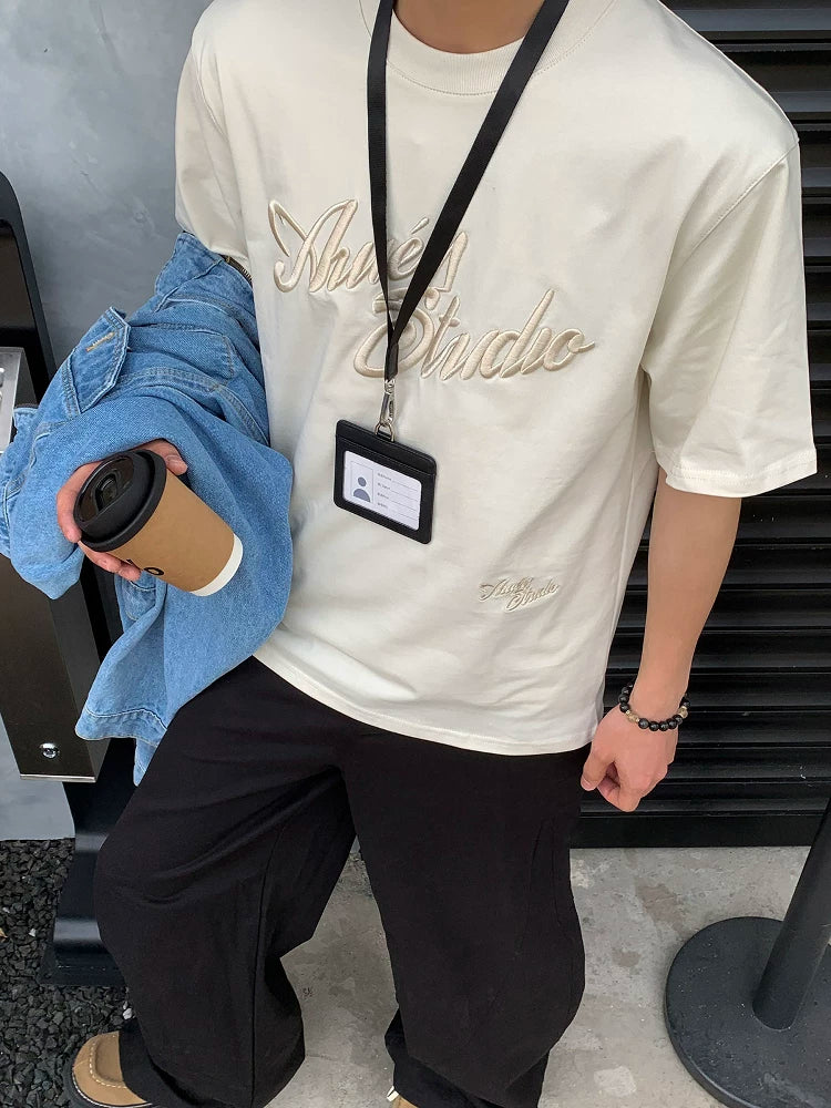 American casual heavyweight 3d letter embroidered relaxed fit crew neck tee for men SIN085