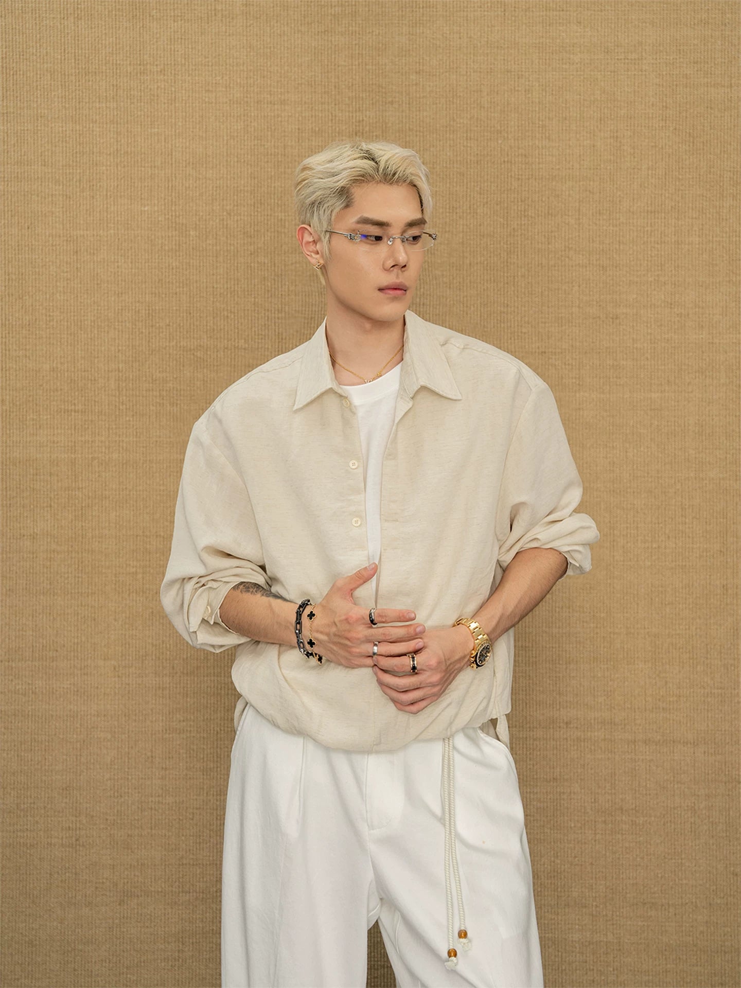 Comfortable lyocell fake two-piece long sleevesshirt spring and summer relaxed feel easiest for matchloosetops men sinclub7569