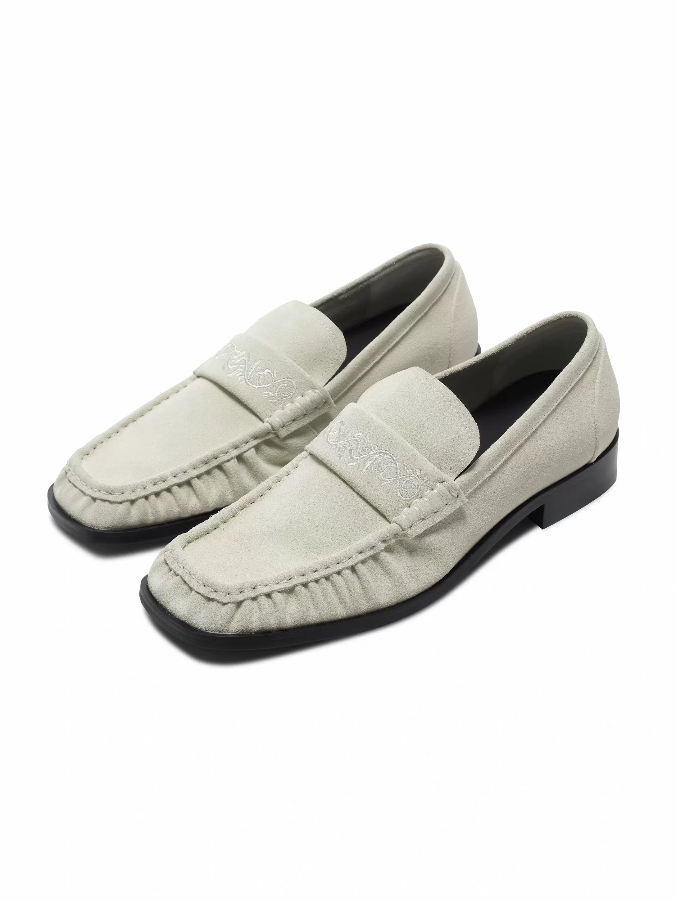 Three-color square-toe rose embroidered loafers - genuine leather, versatile suede cowhide, thin-soled dress shoes