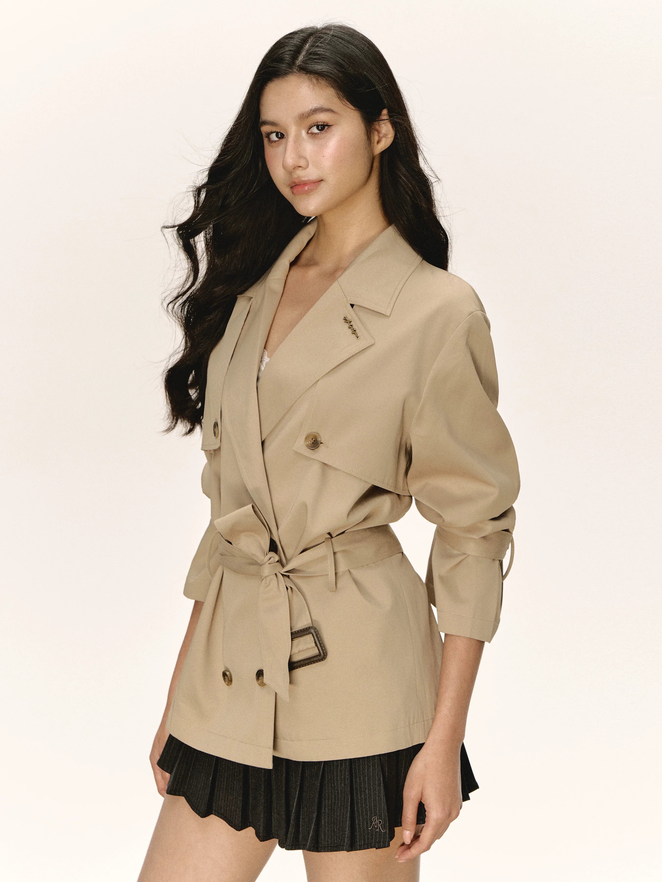 American retro design khaki cropped trench coat for women WY003