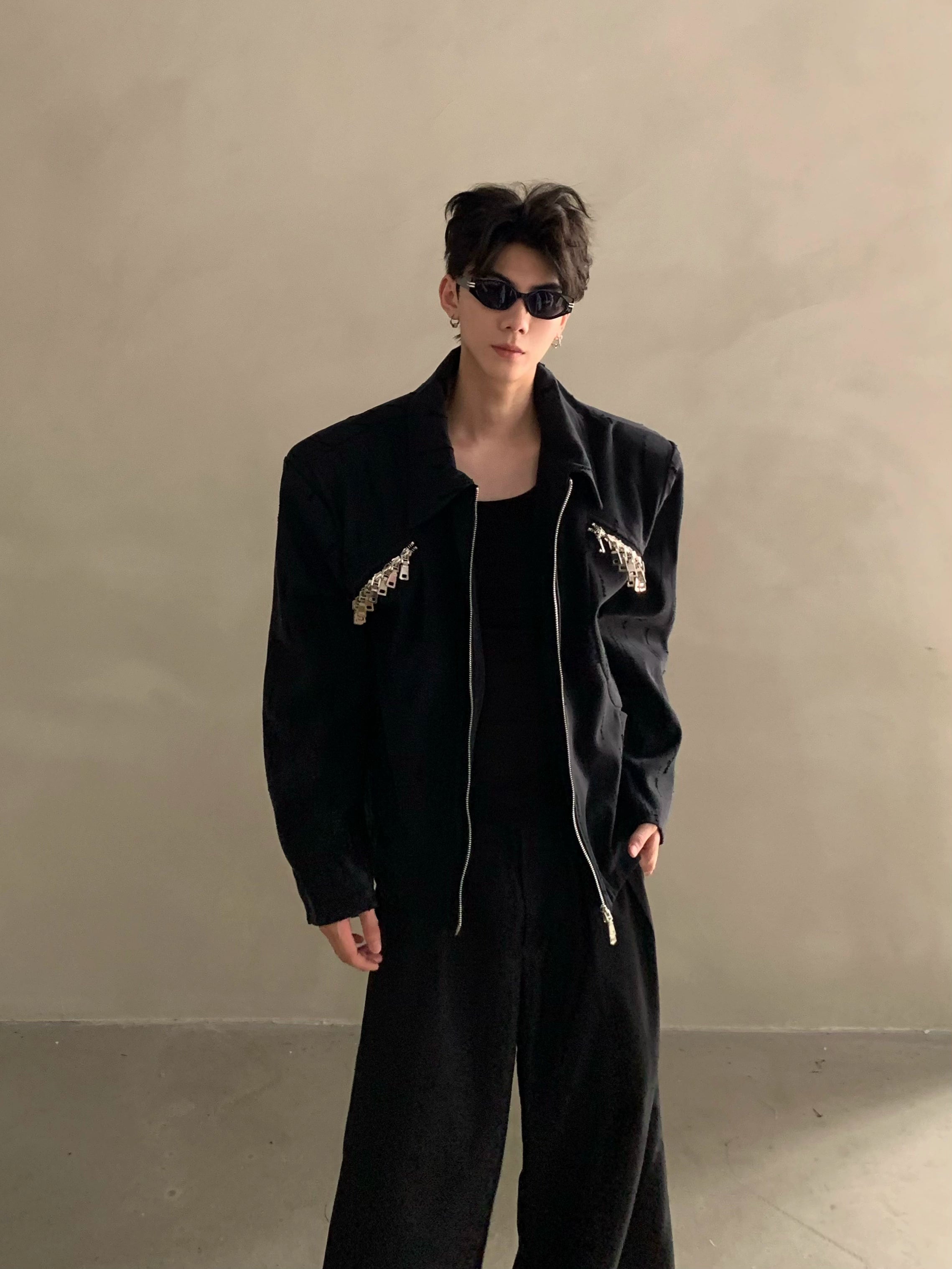 High sense niche metal deconstruction design shoulder padded jacket jacket men's ruffian handsome loose top trendy