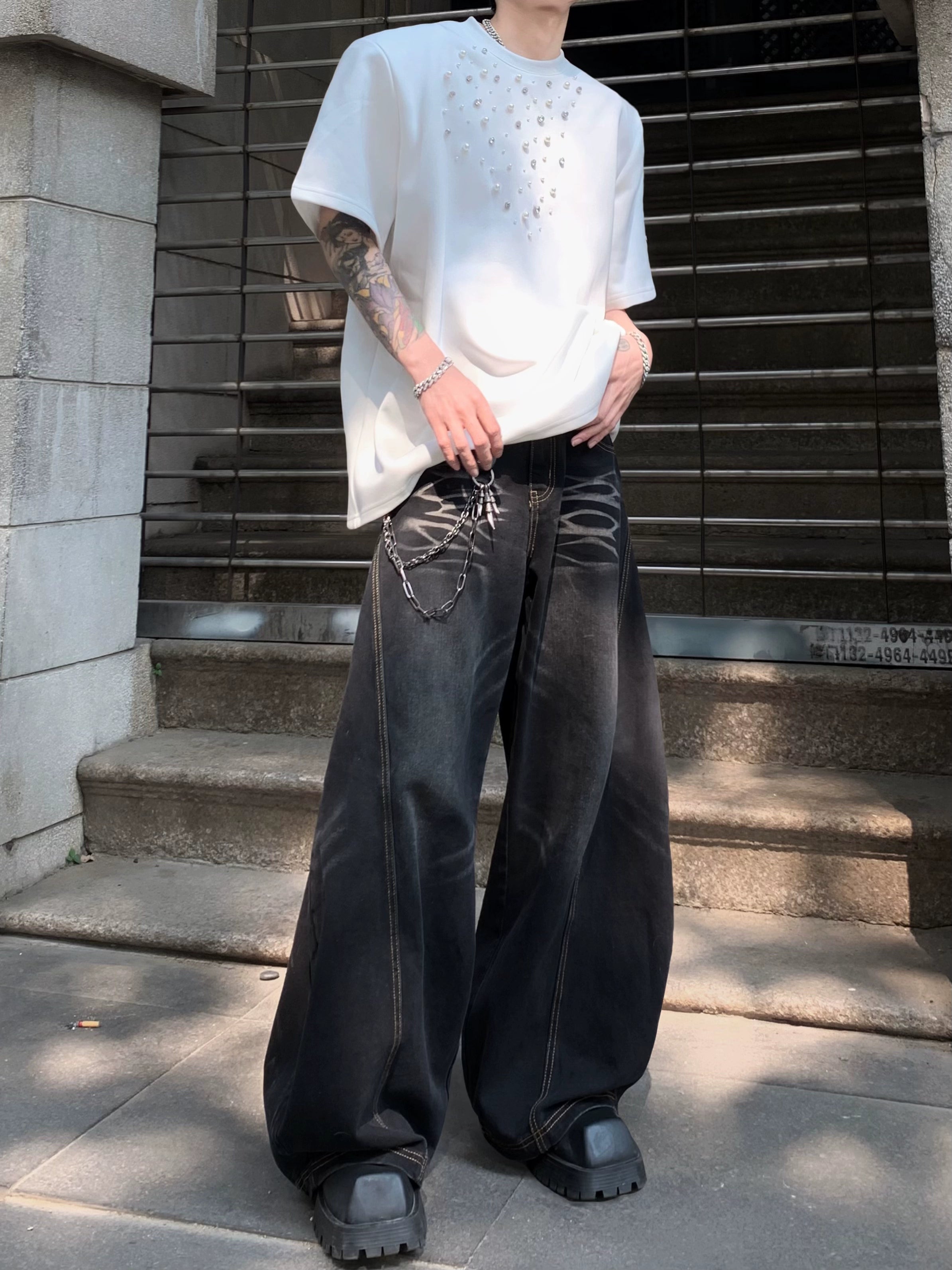 American high street lazy relaxation scimitar pants men's design sense cleanfit jeans high sense