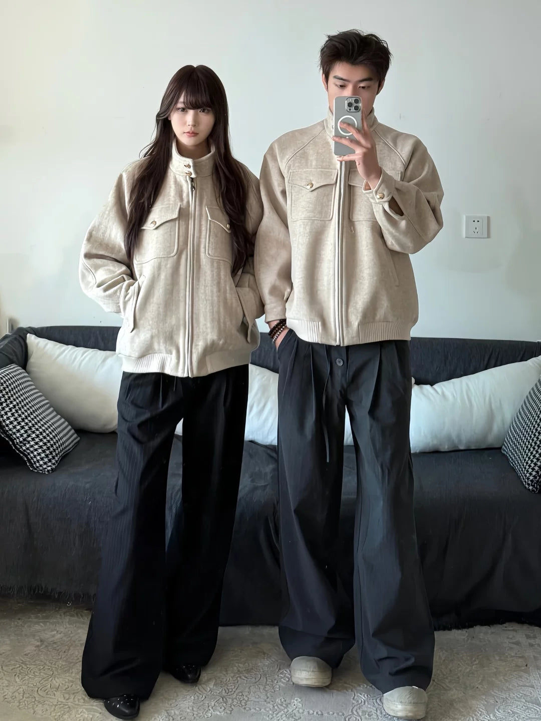 Wool blend single-faced herringbone harrington jacket for men - stand collar sinclub6986