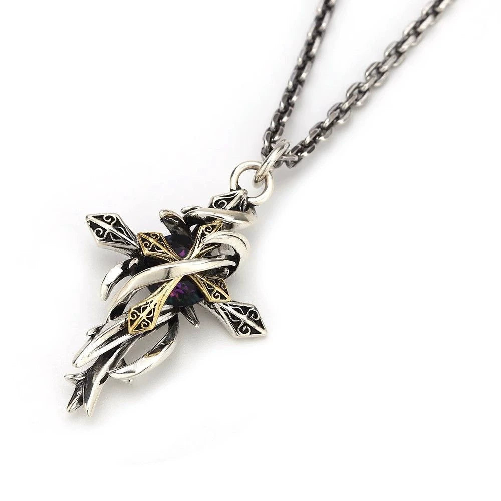 Vine double cross pendant necklace - vintage, unique, niche design - cool & trendy men's necklace charm