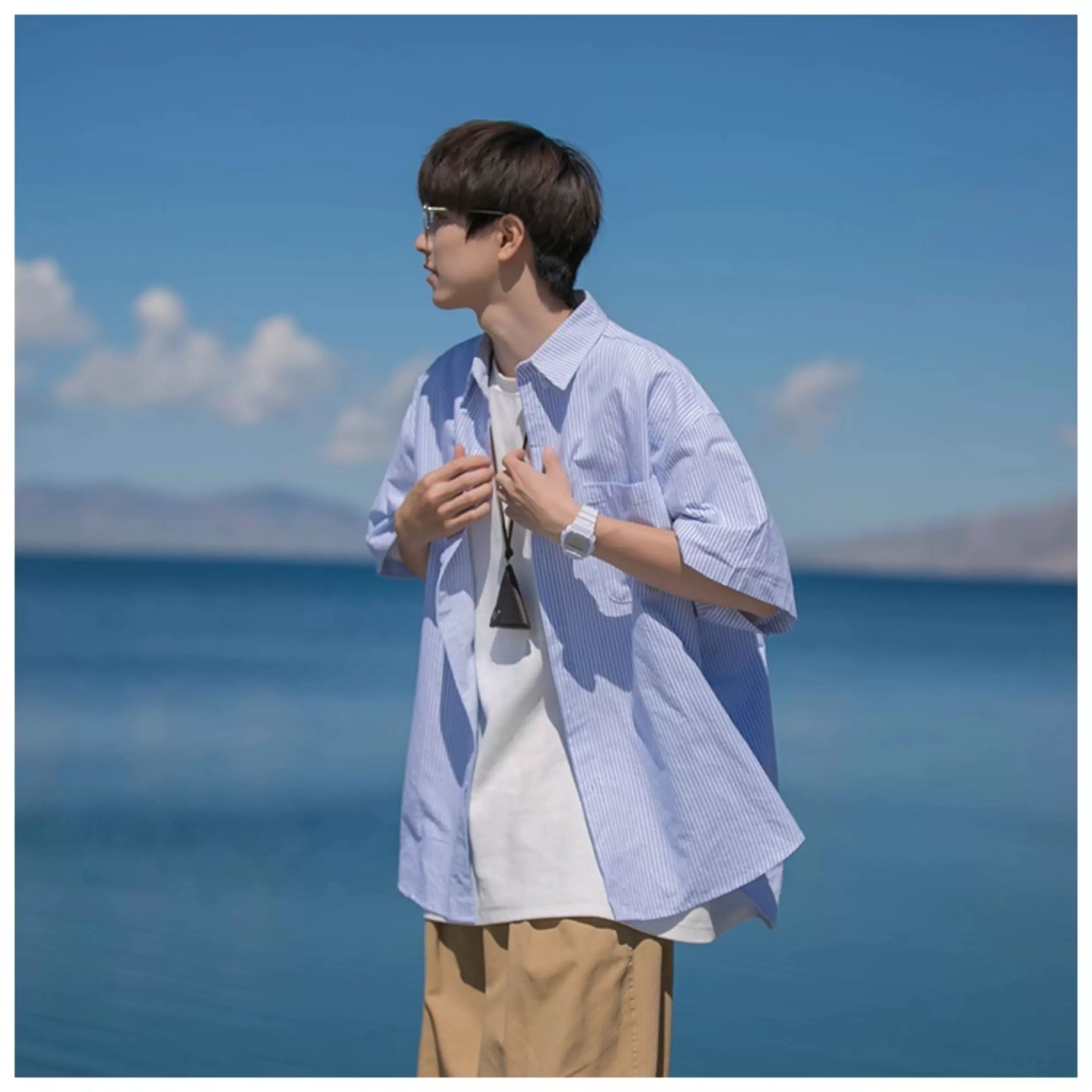 Striped short-sleeved shirt men's summer thin casual shirt loose WY084