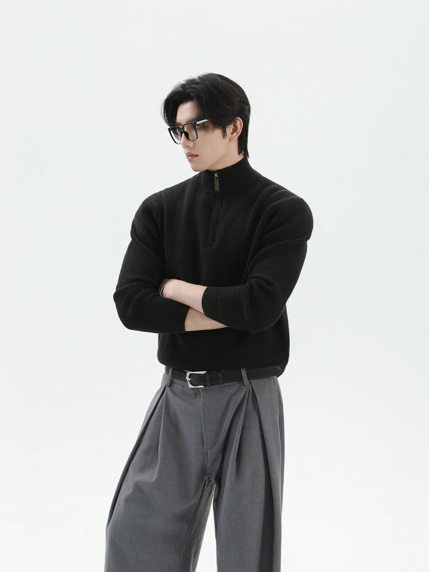 Heavyweight solid color half-zip knit top SIN0896