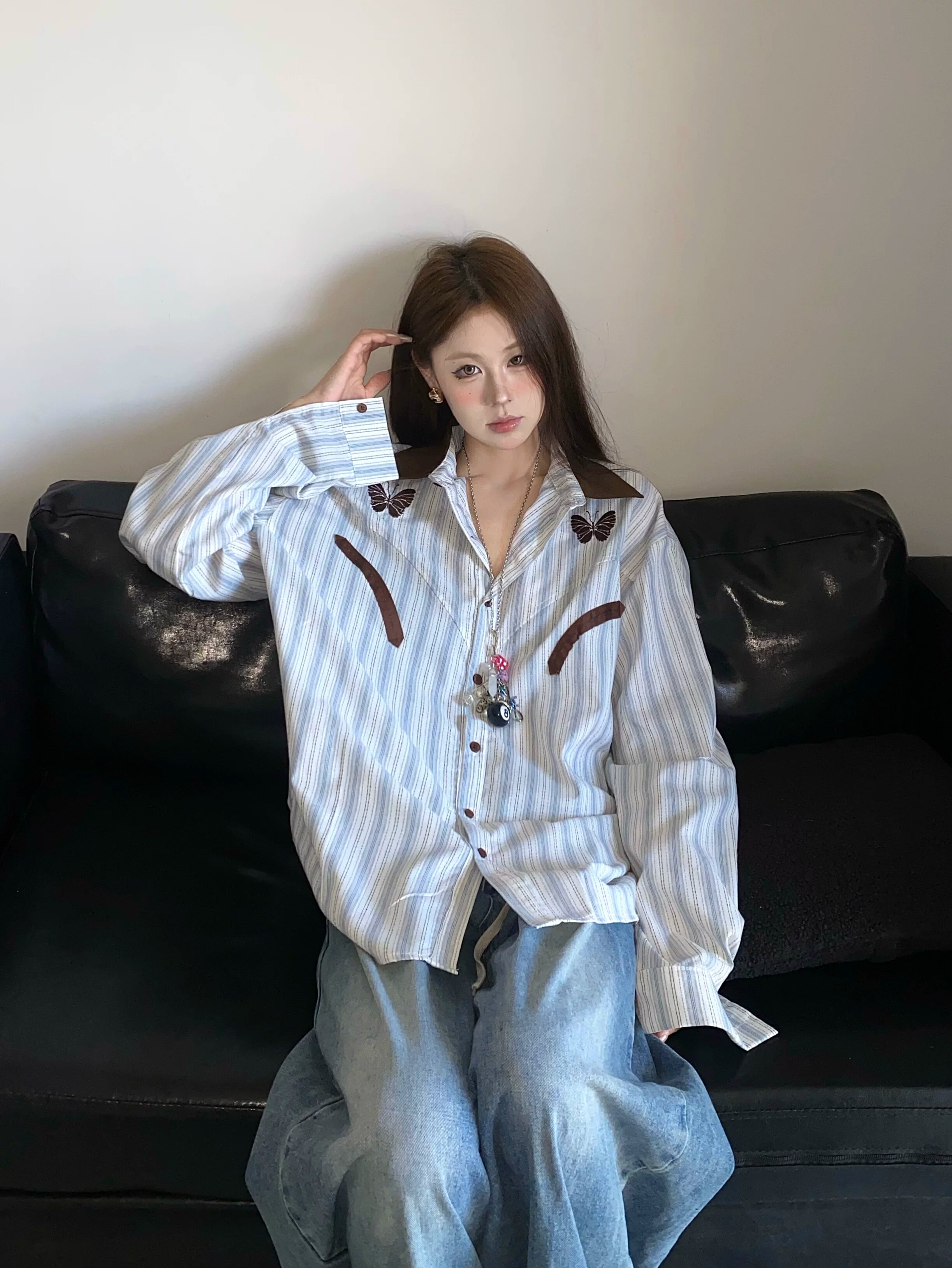 New arrival gentle and lazy color block blue stripesshirtoutwear women's loose sun protection shirt long sleeves XX3