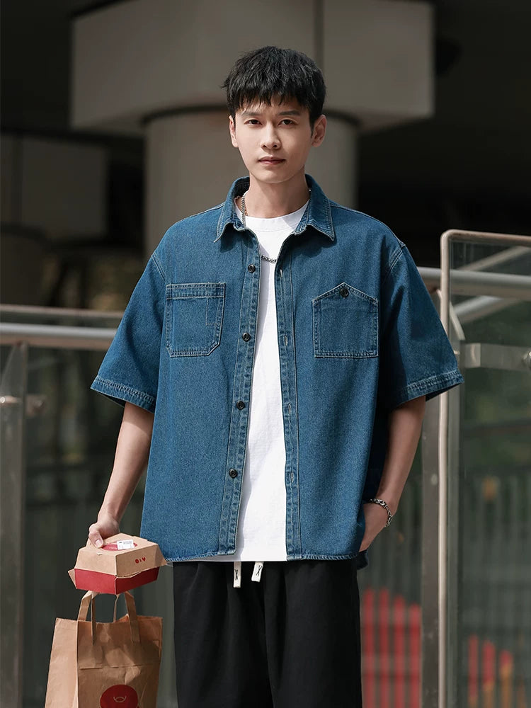 Retroworkwearpure cotton washed denim shirt men's loosecasual half-sleeved shirt SIN089