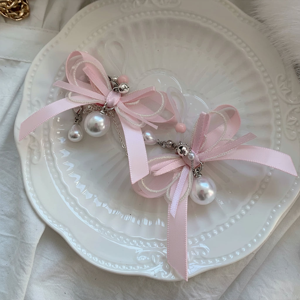 Pearl Puppy Clip with Bow Chain Bell Charm-sinclub39