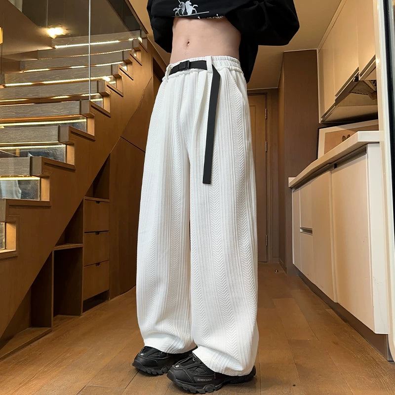 Men's spring new arrival: casual, plus-size, loose-fit textured trousers with belt and wide leg