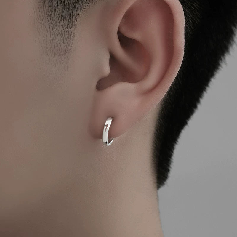 925 sterling silver earrings - hollow cross hoop earrings - trendy, minimalist design for men sinclub8878