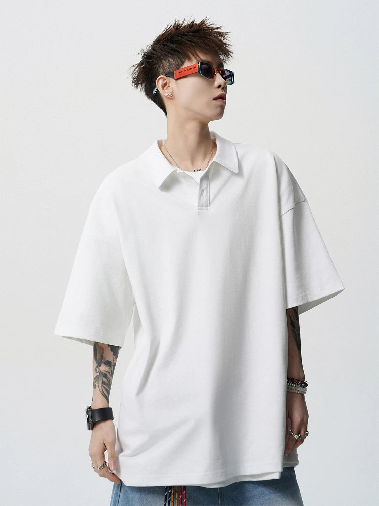 Solid color lapel polo shirt men's spring American loose short-sleeved t-shirt WY082
