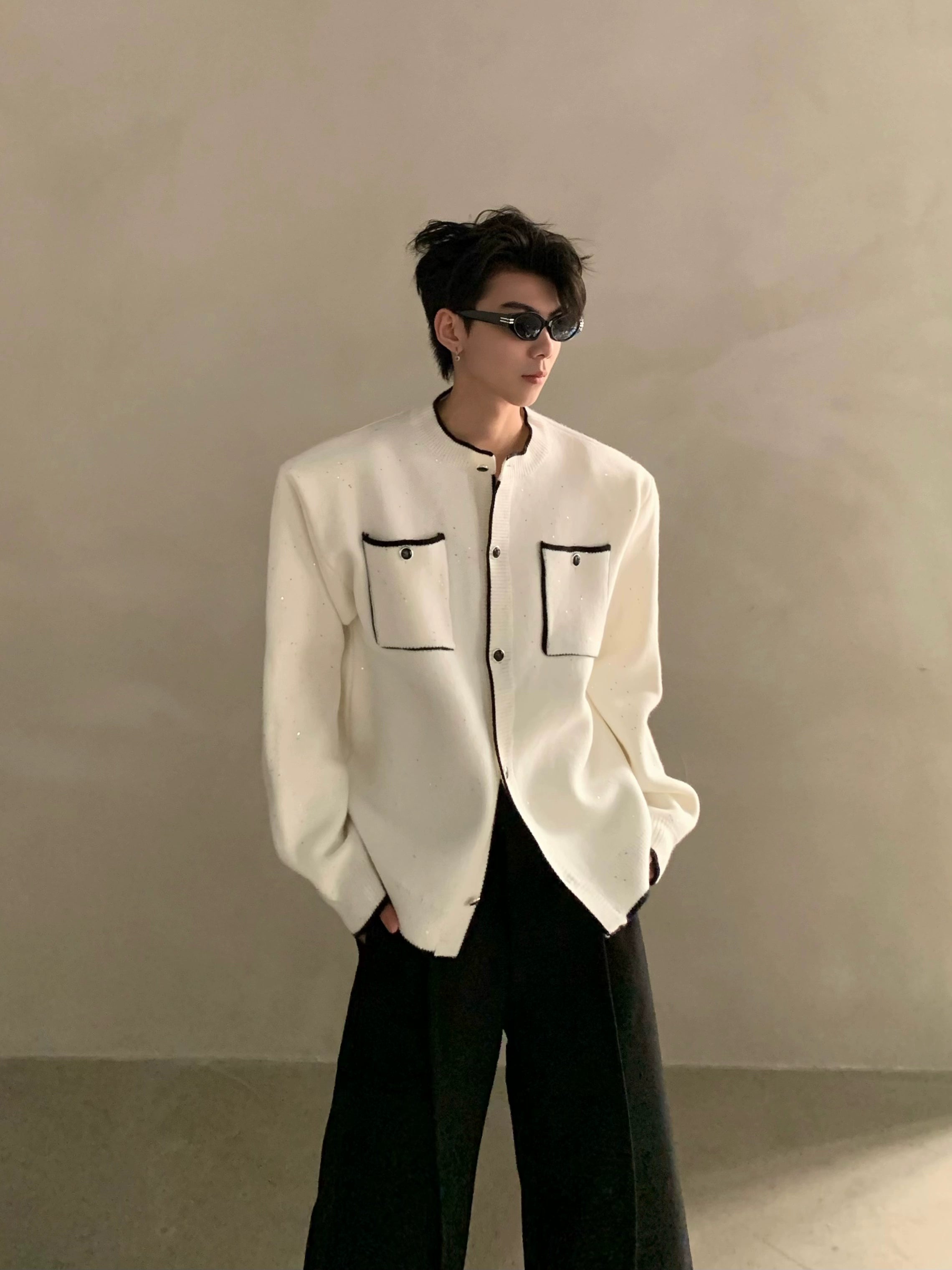 Autumn and winter light luxury high-end sense small fragrant wind contrasting color stand-up neck knitted cardigan men's button sweater jacket