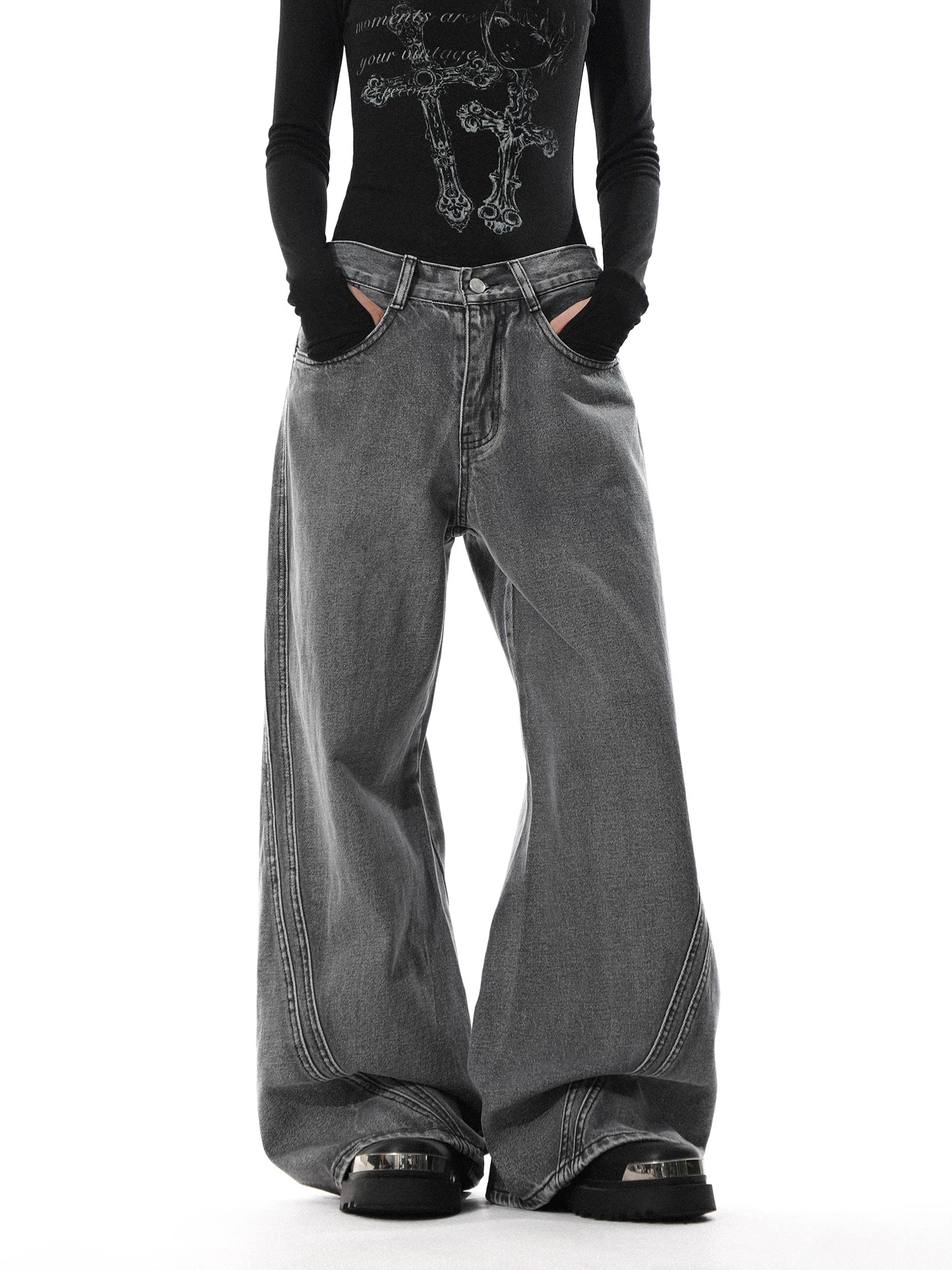 American retro distressed washed wide leg jeans - men's designer loose fit couple's trendy pants sinclub7985