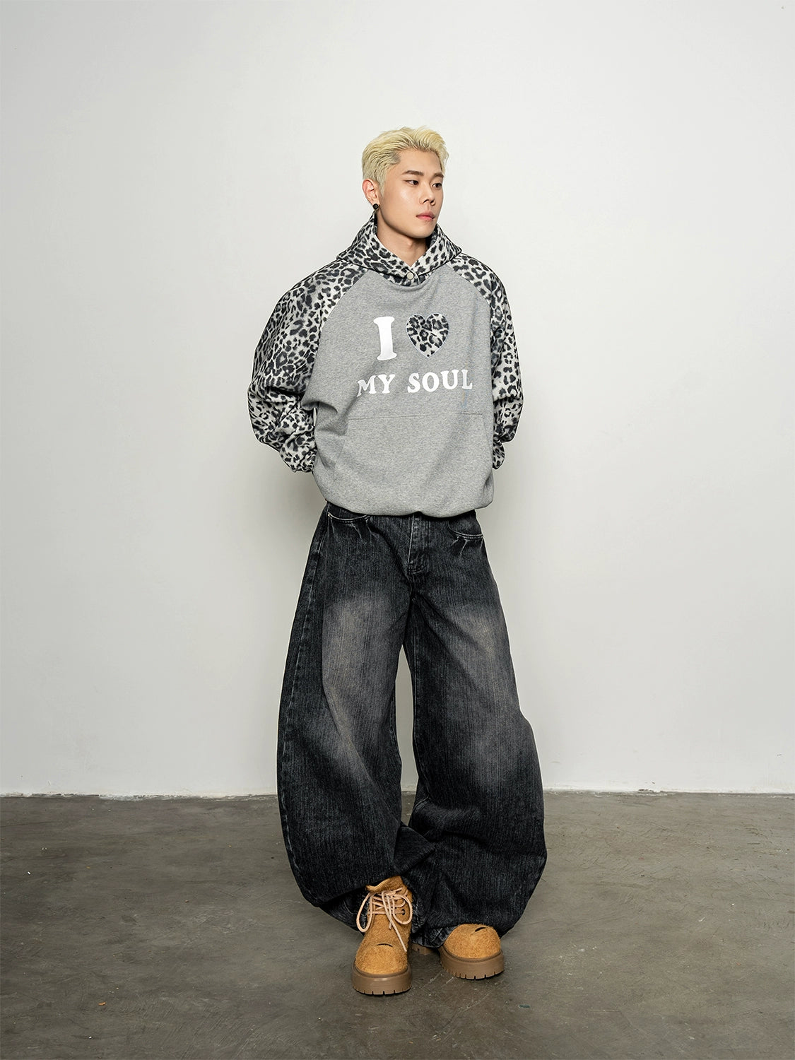 Classic Versatile Old Wash Water Bamboo Pattern Burr Edge Scimitar Jeans Loose Wide Leg Pants