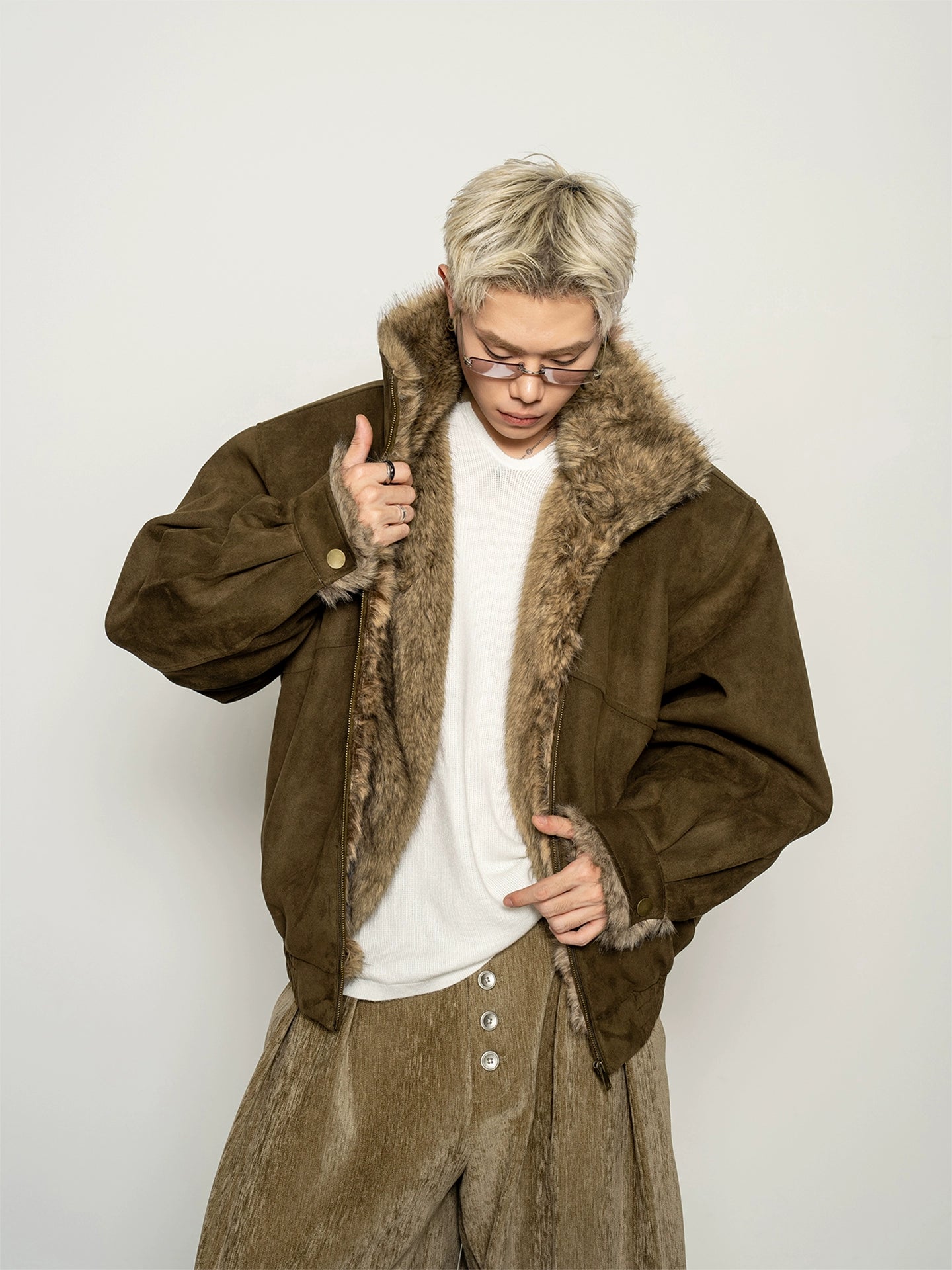 American heavy suede suede imitation fox hair cotton jacket, loose and wide shoulder padded thick coat in winter