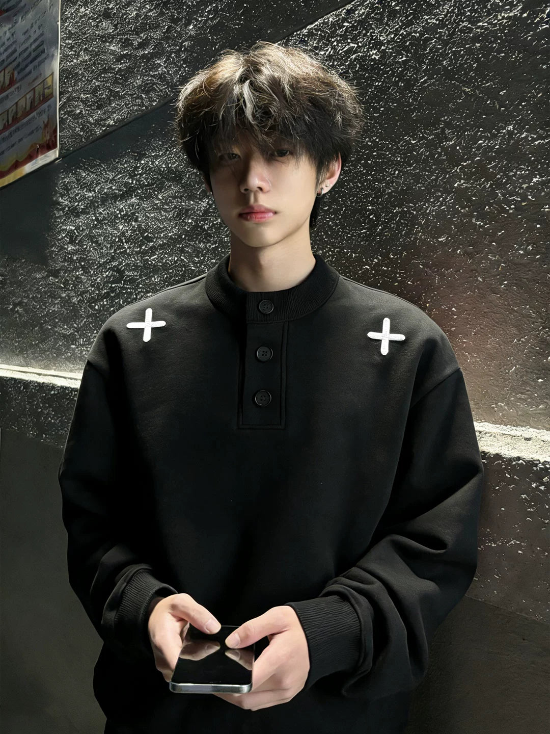 Black american embroider henry collar sweatshirt men's spring classy top heavy weight right shoulder long sleeves t-shirt