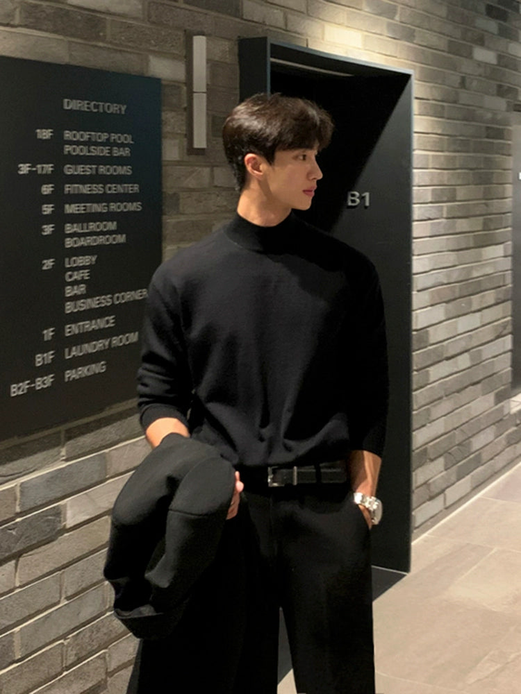 Semi-turtleneck sweater men's autumn and winter loose Korean trend thickened black mid-neck knitted bottoming shirt sweater