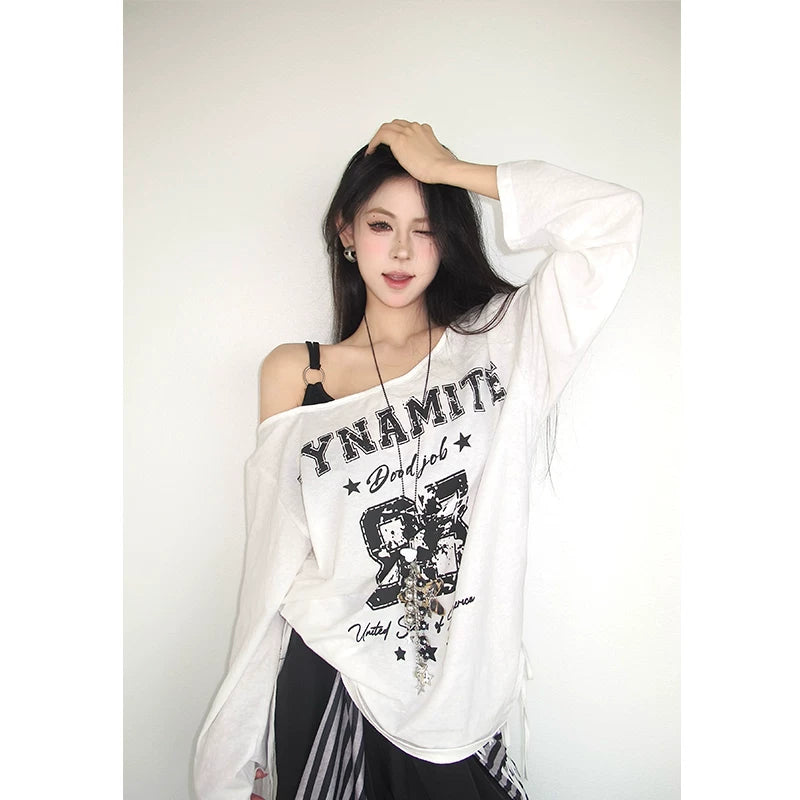 American style slouchy off-the-shoulder long sleeve t-shirt for women XX2
