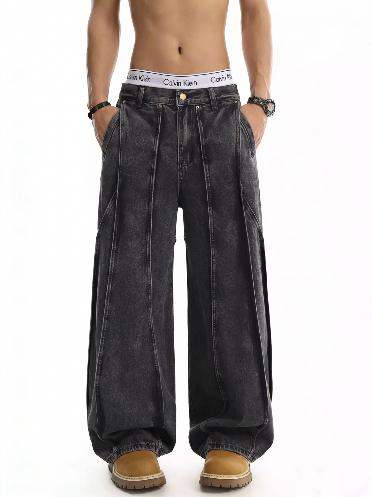 American high street trendy brand handsome washed deconstructed patchworkloose wide leg straight-leg denim pants men's summer sinclub6260