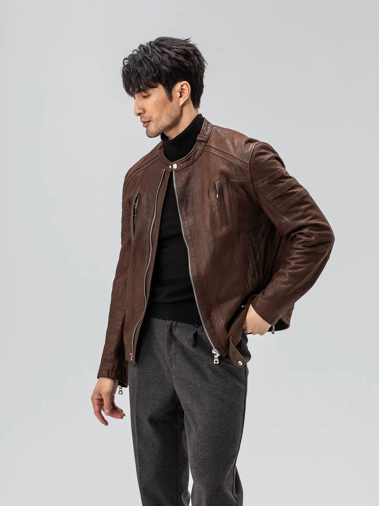 Three-dimensional tailoring, heavy-duty washed goatskin silm motorcycle jacket, genuine leather jacket for men outwear sinclub3008