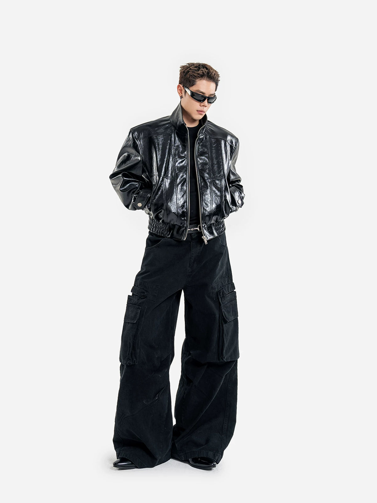 Deconstructed Waxed Leather Cropped Biker Jacket-sinclub98