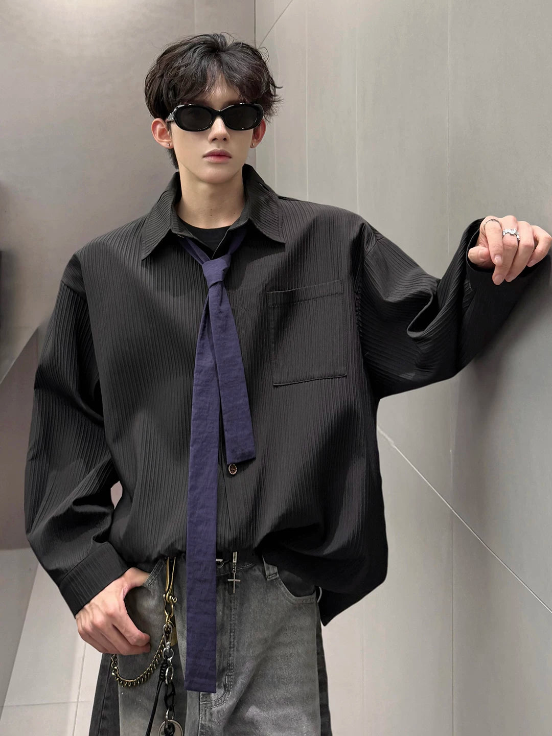 Tie texture long sleevesshirt men's plus size plus size trendy fat man looseniche style design springk-stylecasual