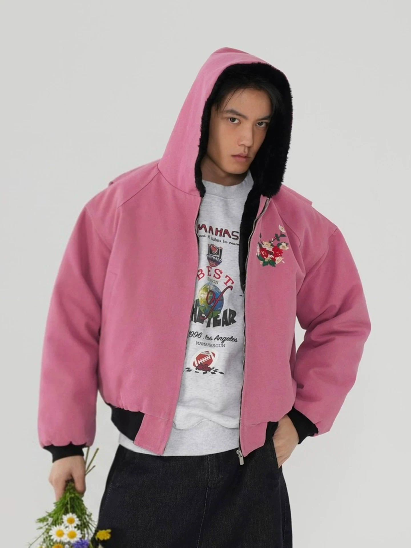 American retro embroidered washed hooded jacket SIN0870