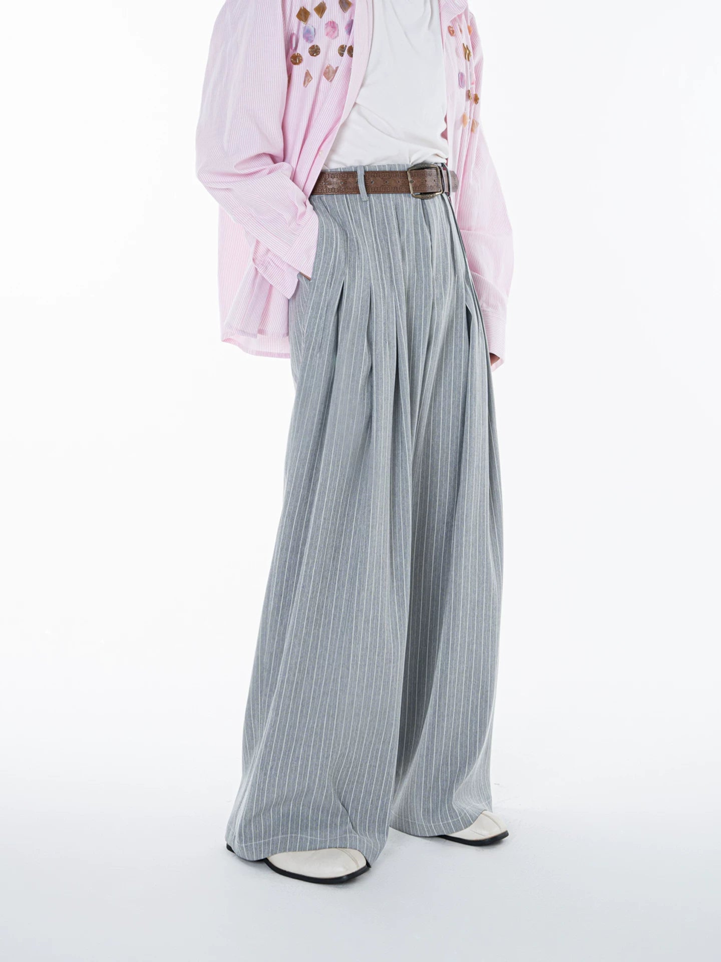 Autumnew arrivaloriginal sense of designclassy sense of handsome multi-pleated loose wide-leg stripesstraight-leg trousers for men