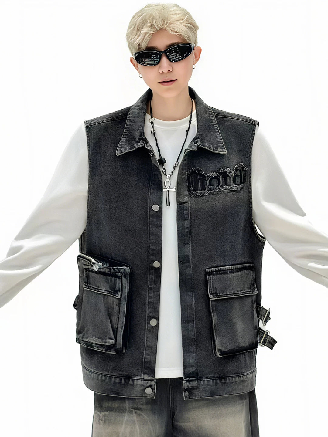 Spring new arrivalembroider raw edge workwear denim vest men's plus size plus size trendy fat loose outwear vest handsome waistcoat
