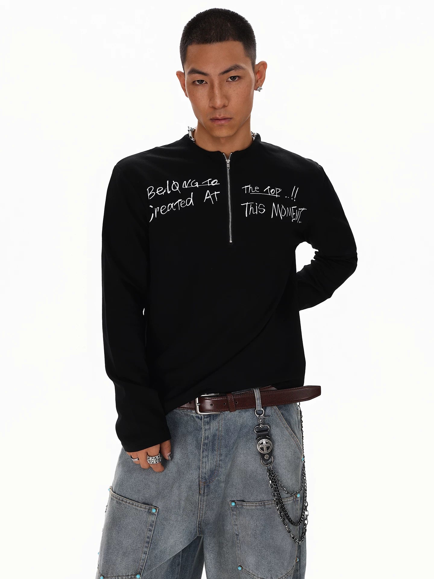 Old money style half-zip letterprintinglong sleevest-shirt men 2026 springnew arrivalcasualtops sinclub6489