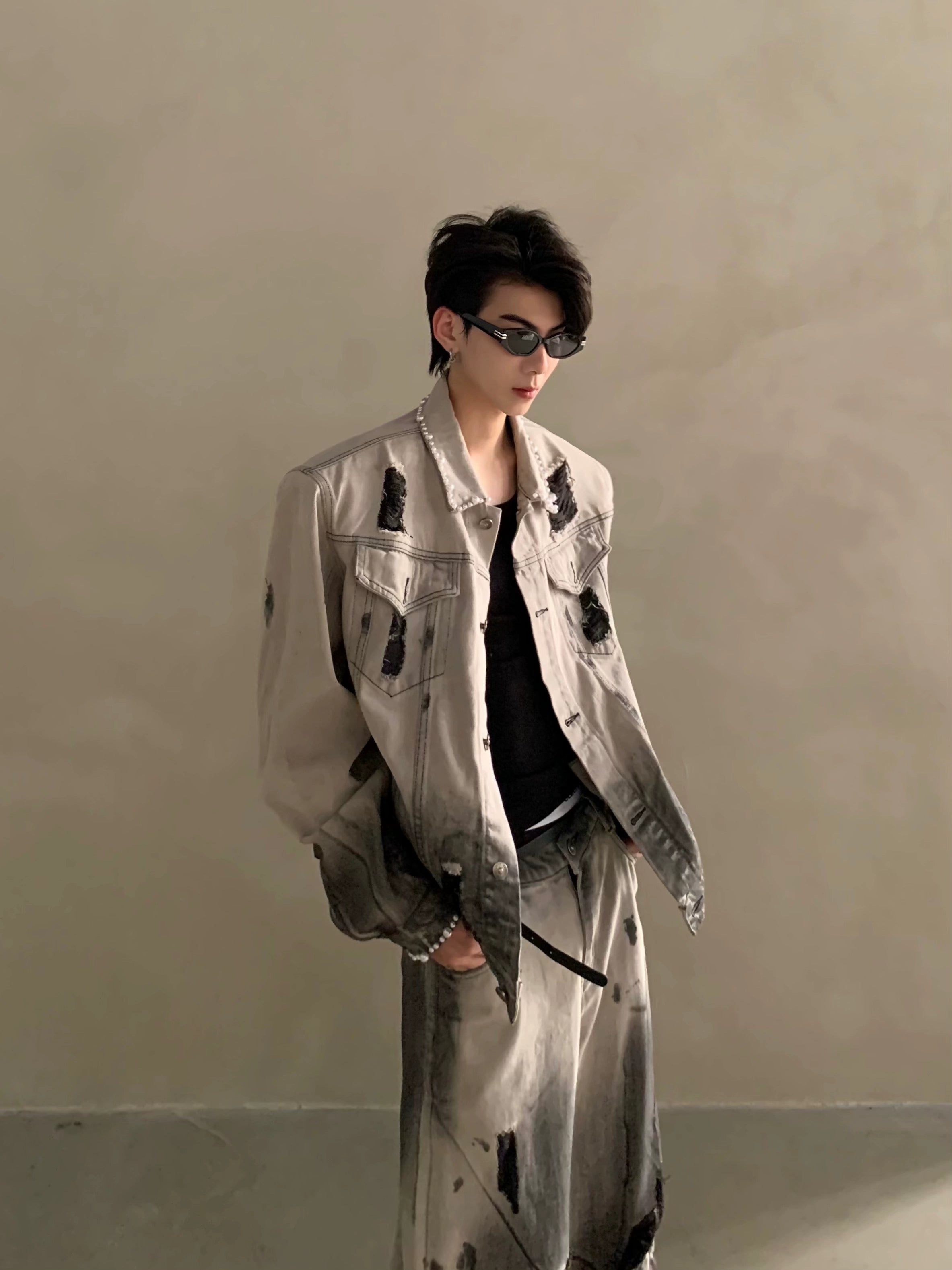 Niche waste soil tie-dye hole design shoulder padded denim jacket men's high-end suit tide